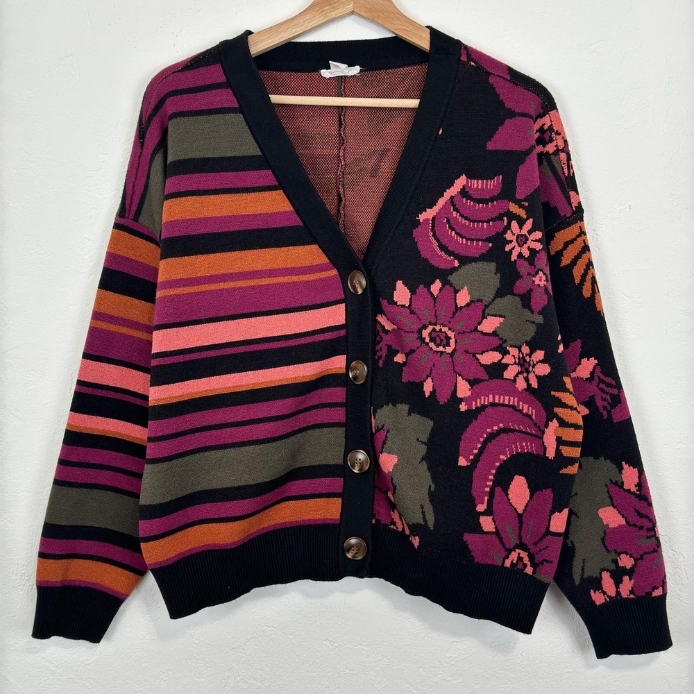 Tribal Women Floral Striped Patchwork Oversized Knit Cardigan Sz L Artsy